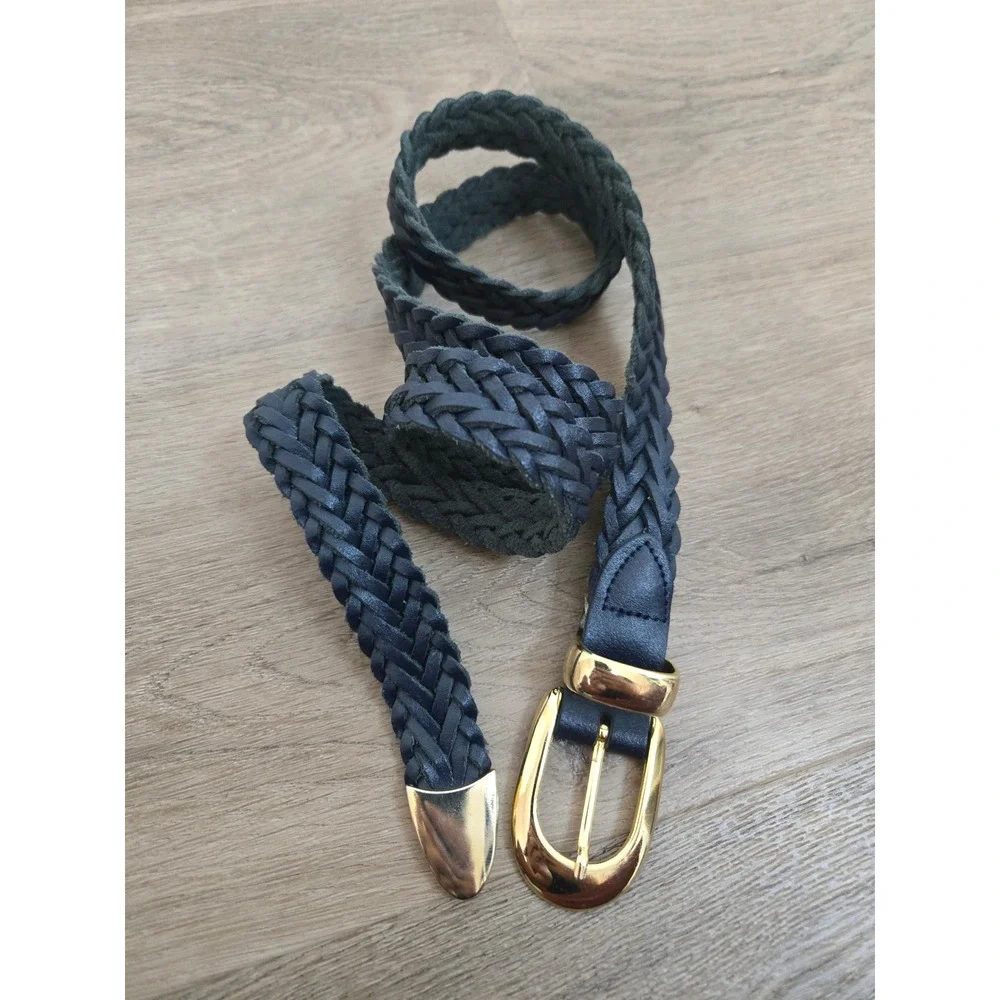 Navy Blue Braided Leather Belt Gold Tone Buckle Woven Classic Women Accessory